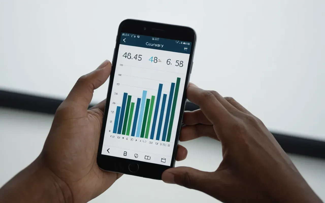 data visualization display Close-up of a smartphone screen held in hands displaying a simple bar chart with blue and green bars against a white background under soft indoor lighting focusing on the clarity of the data visualization without any readable text or specific app interface details visible.