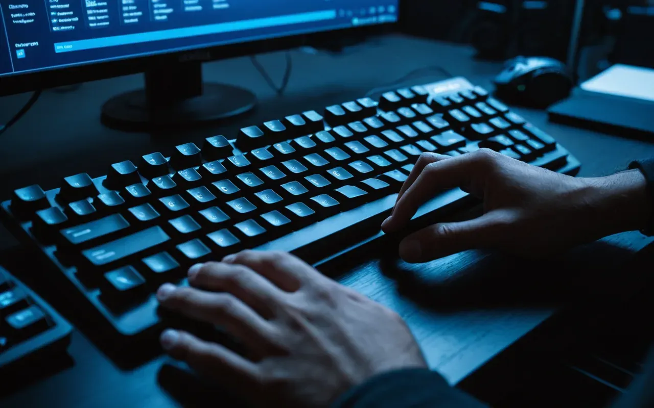 Close-up of hands typing on a mechanical keyboard with blue backlighting in a dark room focusing on strategy planning for gaming sessions