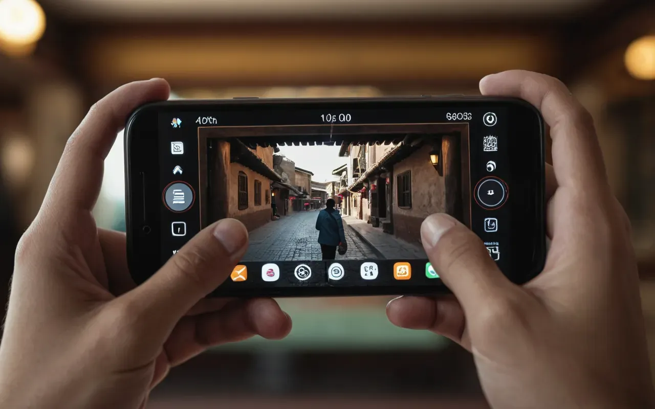 cod camo tracker Close-up photograph of a pair of hands holding a smartphone with a blurred gaming interface visible in the background, soft indoor lighting, shallow depth of field focusing on the thumbs interacting with the screen
