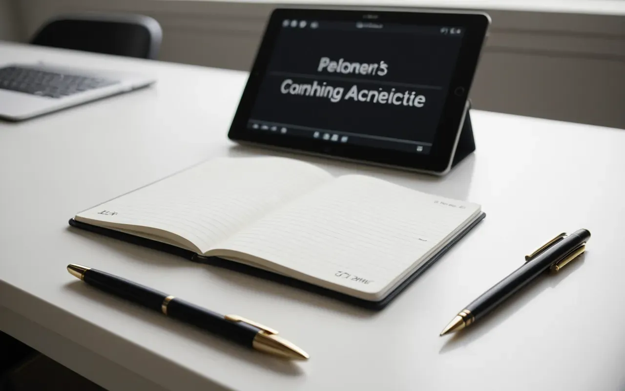 note taking setup Editorial photograph of a notebook and pen resting on a clean white desk surface next to a modern tablet device under soft diffused lighting creating an organized workspace aesthetic suitable for note taking without any visible writing or text on the pages.