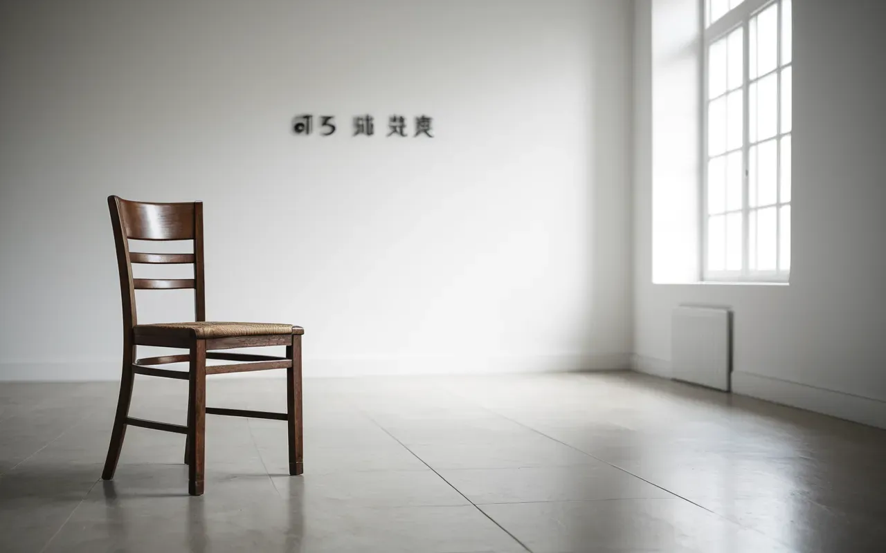 Editorial photograph of a single wooden chair placed in the center of an empty modern white room with soft natural light from large windows on one side