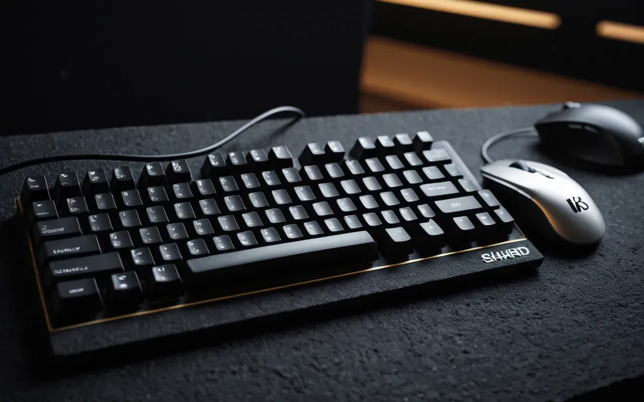 Editorial still life of a mechanical keyboard and mouse on a dark textured surface with soft diffused studio lighting