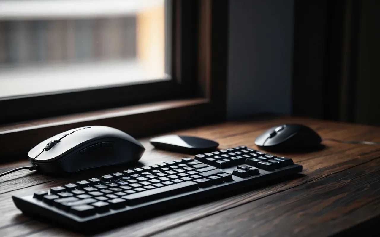 gaming peripheral setup Editorial still life of a modern gaming mouse and keyboard resting on a dark wooden desk surface with soft natural light from a nearby window highlighting the clean lines of the peripherals against a neutral background emphasizing precision tools for digital interaction without any visible logos or text markings.
