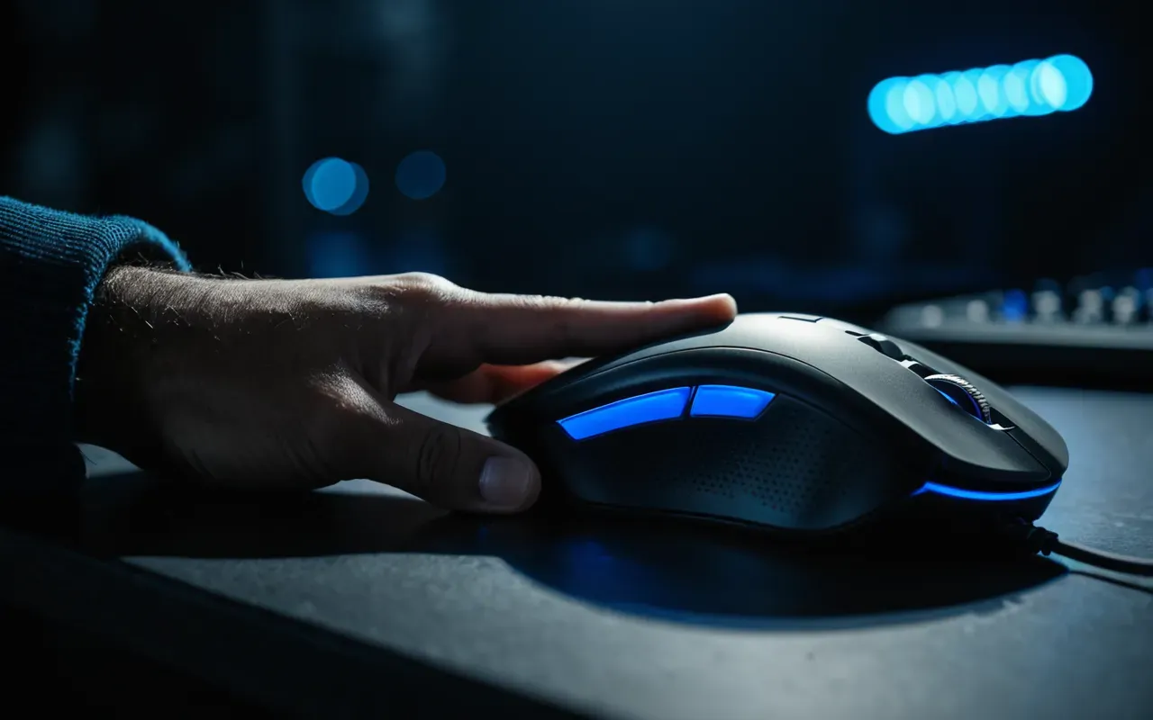 gaming hand control Hand holding a gaming mouse with high precision grip in a dark environment illuminated by soft blue LED light from the wrist area showing intense focus and steady posture without any visible branding or text on the device surface