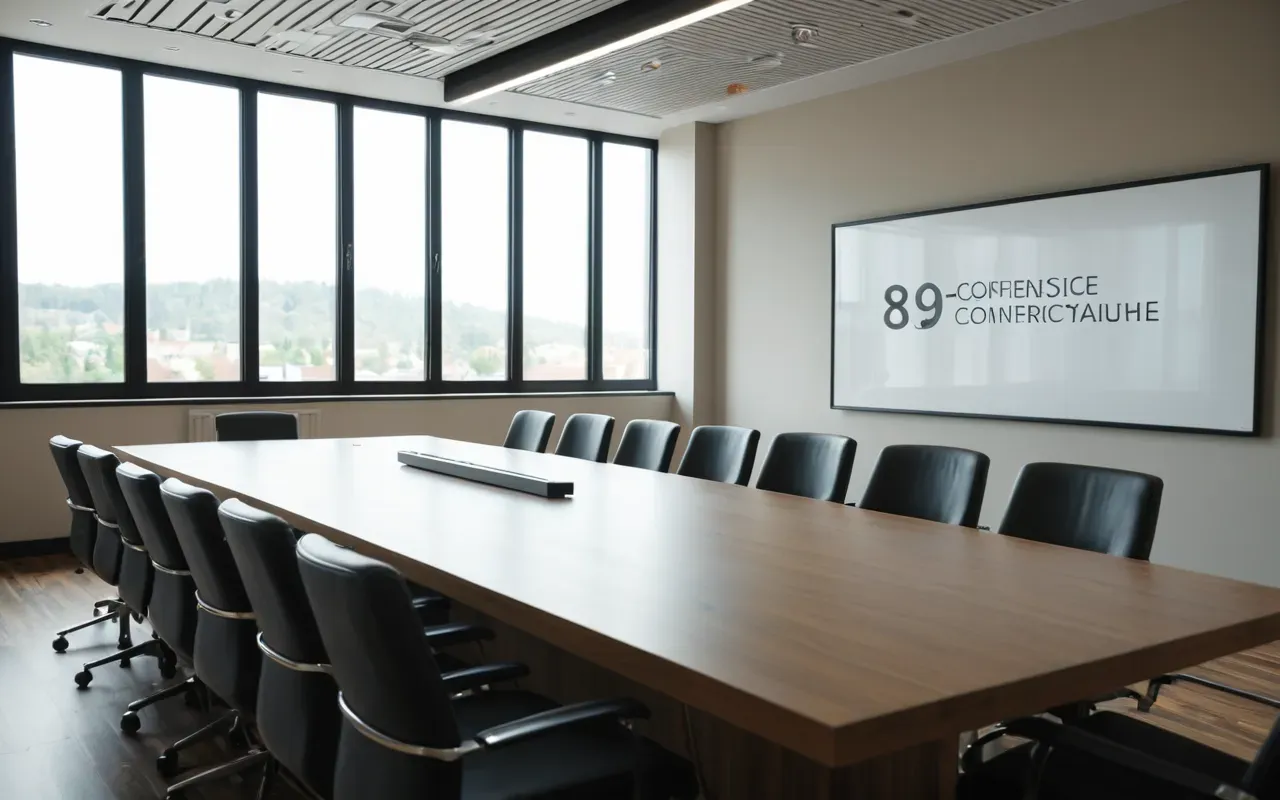 strategy discussion environment Interior of a modern conference room with long wooden table surrounded by chairs and large windows letting in natural daylight creating a bright professional meeting space suitable for strategy discussions without any visible text or branding on the walls or furniture.