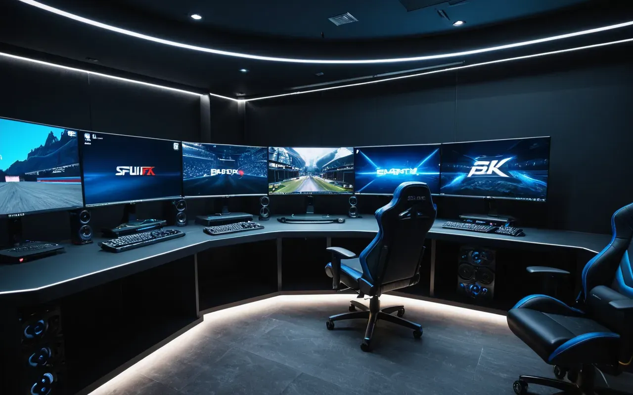 esports gaming room Interior view of a modern esports gaming room with multiple high-end monitors arranged in a curved setup featuring dark matte finishes and neutral blue ambient lighting reflecting off the polished concrete floor while ergonomic chairs face the screens creating a professional competitive atmosphere without any visible text or branding on the equipment.