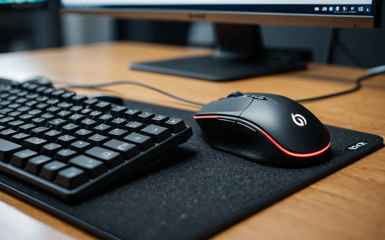 Macro shot of a gaming mouse and keyboard on a desk mat with soft focus background showing blurred monitor light reflecting off the plastic surfaces highlighting fine dust particles in the air near the device edges