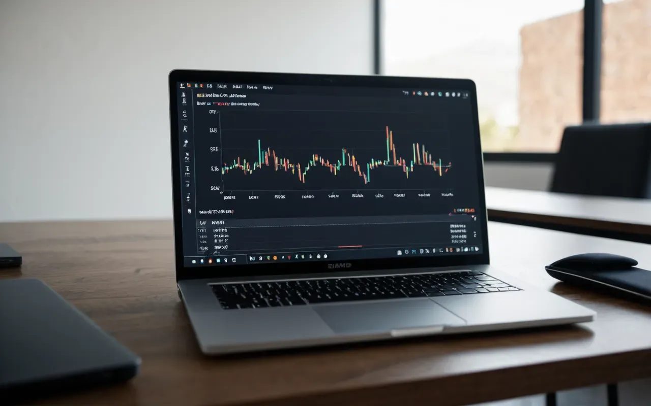 Modern minimalist desk setup with a laptop open displaying abstract colorful data visualizations, soft natural daylight from the side