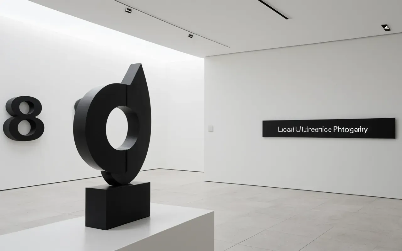 Modern minimalist interior with white walls and a single black abstract sculpture in the center, soft diffused overhead lighting creating gentle shadows on the floor