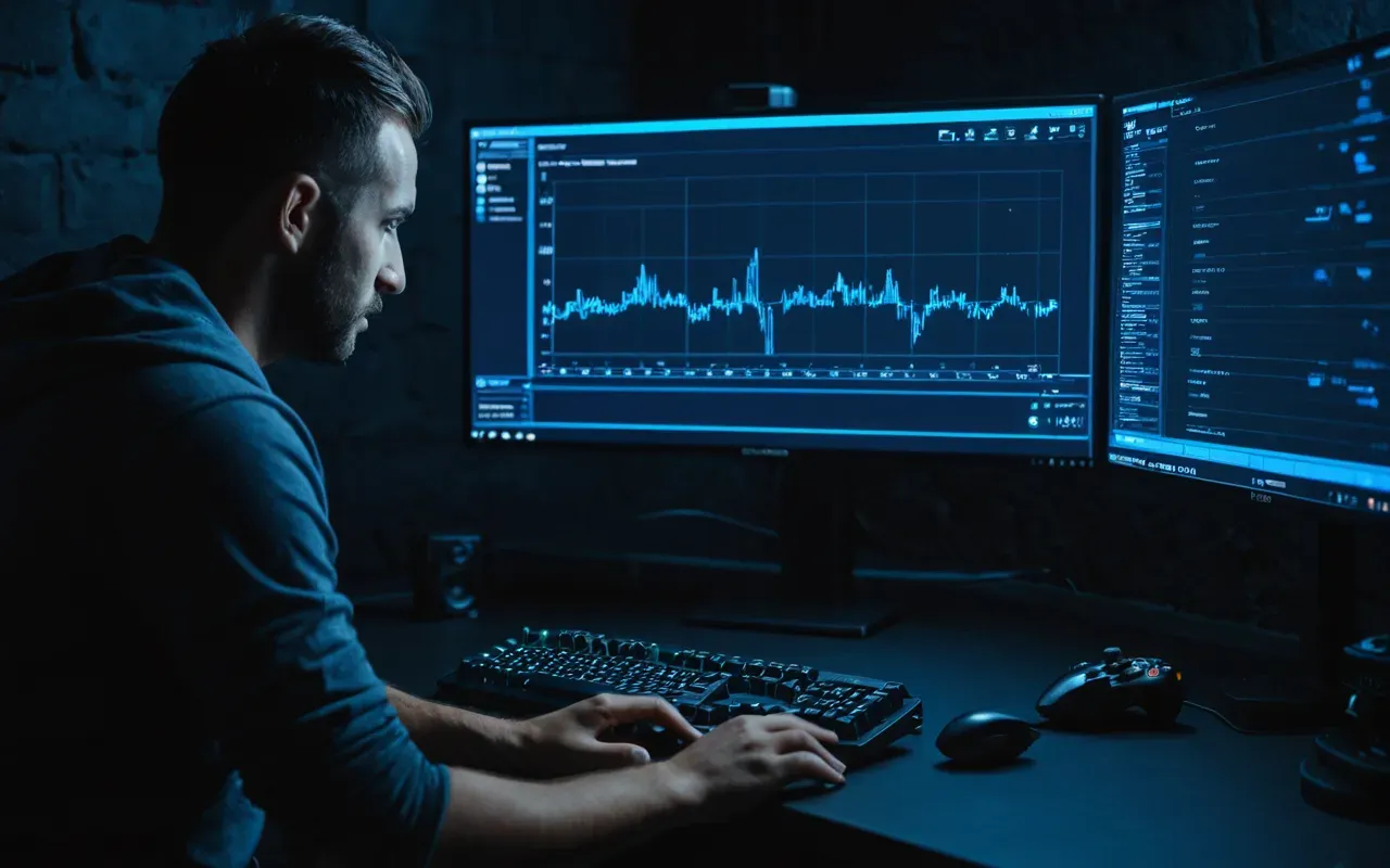 Over-the-shoulder shot of a gamer analyzing performance graphs on a high-resolution monitor in a dark room with blue ambient lighting, focused expression, realistic office setup.