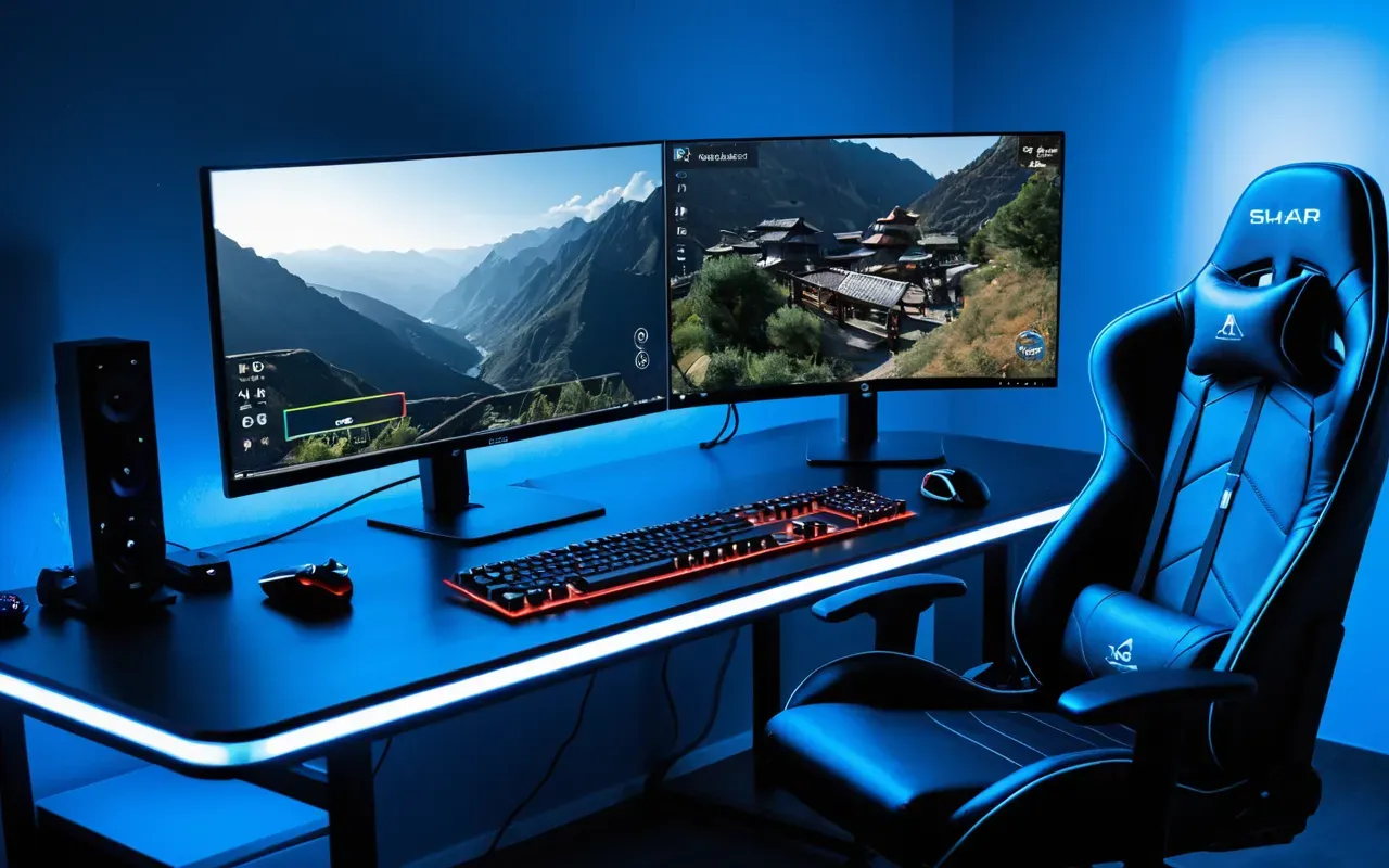 Overhead shot of a modern gaming desk setup with two monitors showing abstract game interfaces and ergonomic chair under cool blue lighting