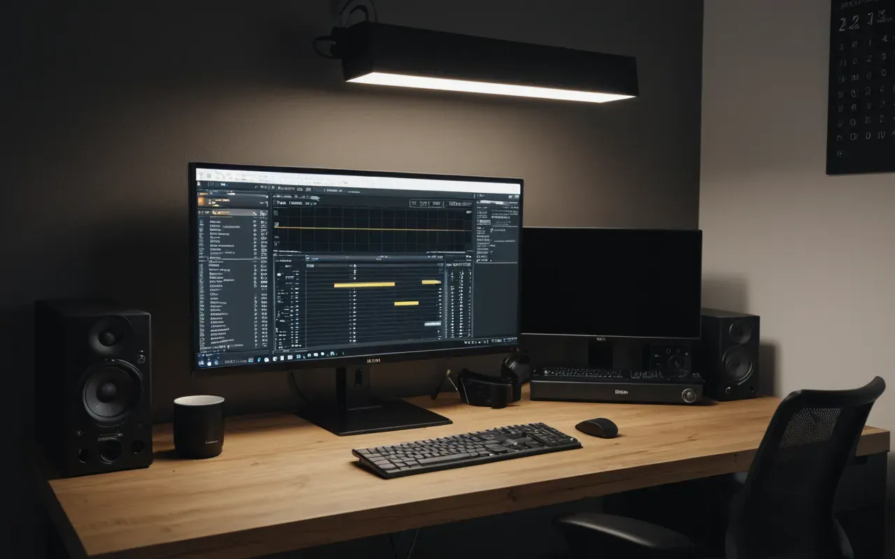 Overhead view of a clean desk setup with a single monitor displaying a plain dark interface surrounded by organized cables and a minimalist lamp providing warm light on a wooden surface emphasizing simplicity and order without any readable text visible
