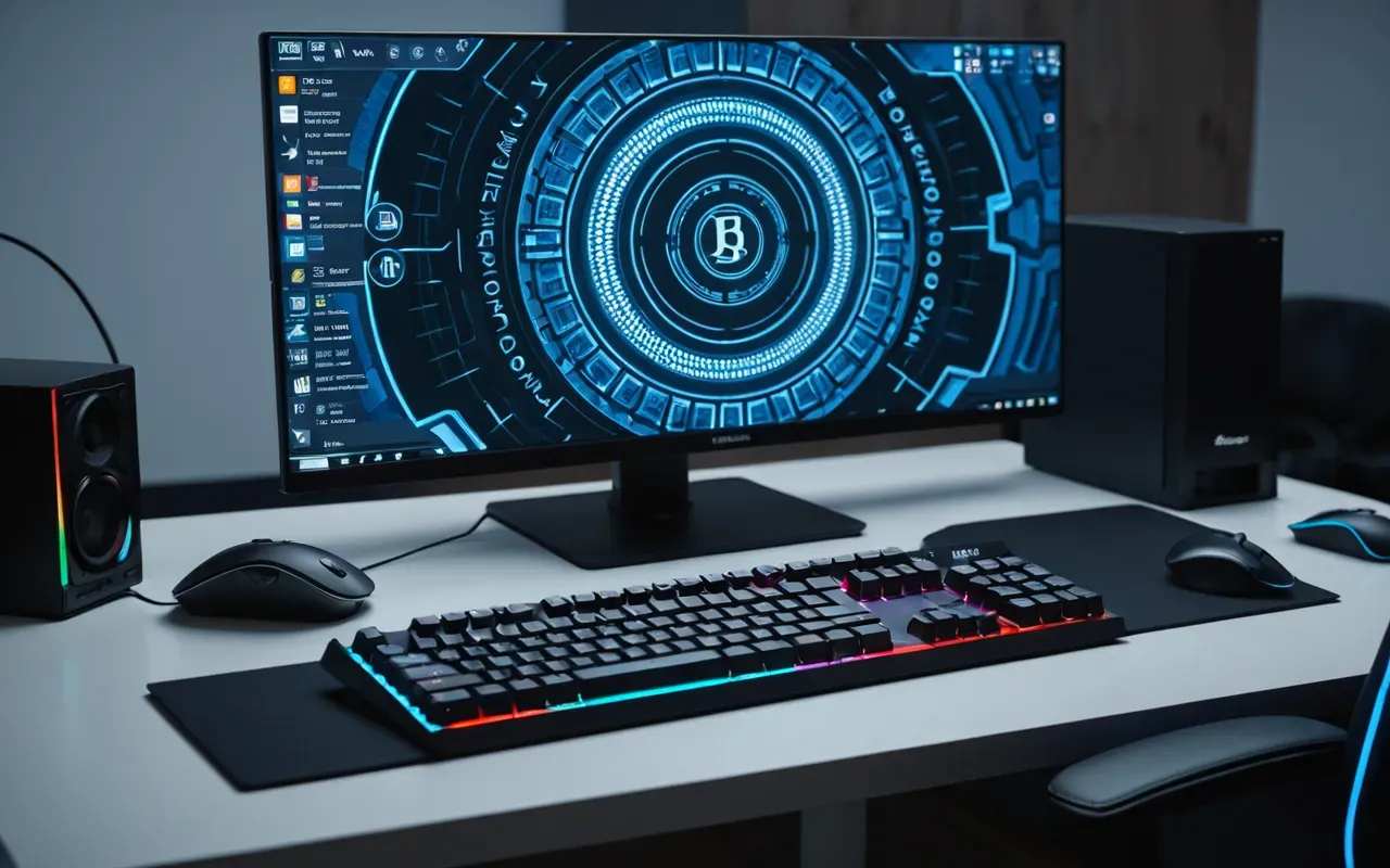 Photorealistic view of a modern gaming setup with a monitor displaying abstract color patterns, mechanical keyboard and mouse on a clean desk surface, ambient blue LED lighting in the background