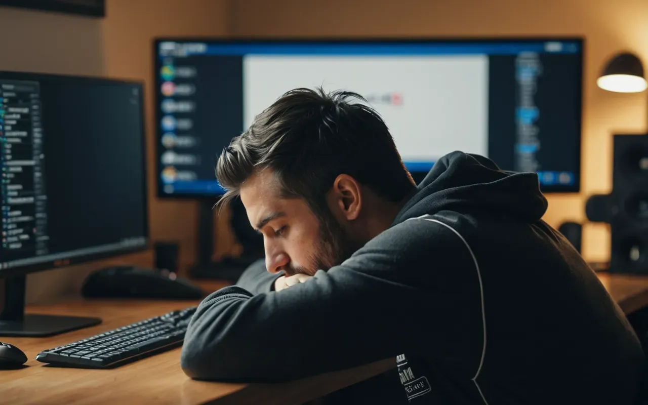 Side view of a gamer resting their head on hands at a desk with a blurred computer screen in background showing soft warm lighting and calm atmosphere