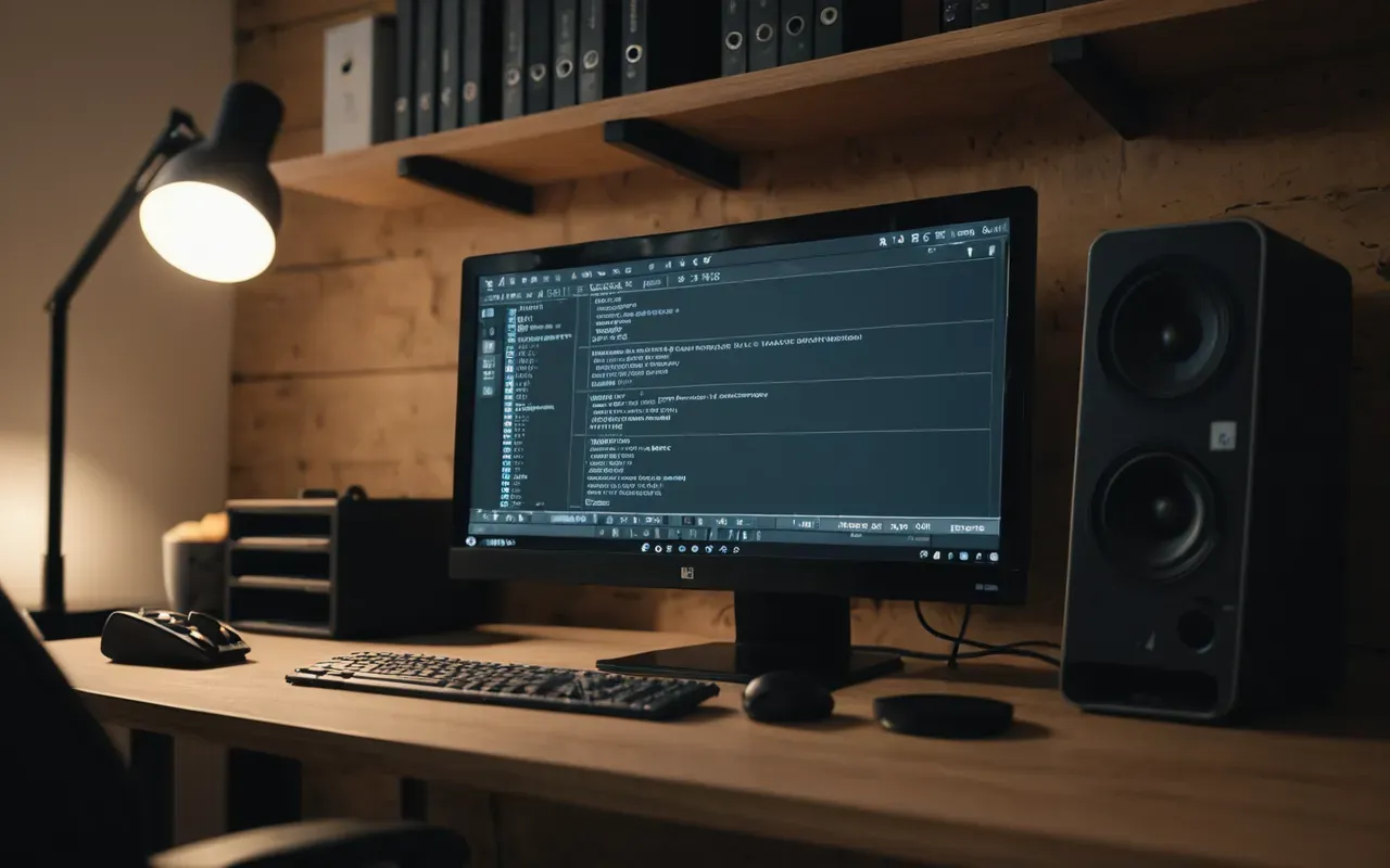 Side view of a modern desk setup with a monitor showing abstract dark shapes and a small physical figurine on a shelf nearby under soft ambient lighting highlighting the contrast between digital screen content and real world objects without any visible writing or labels