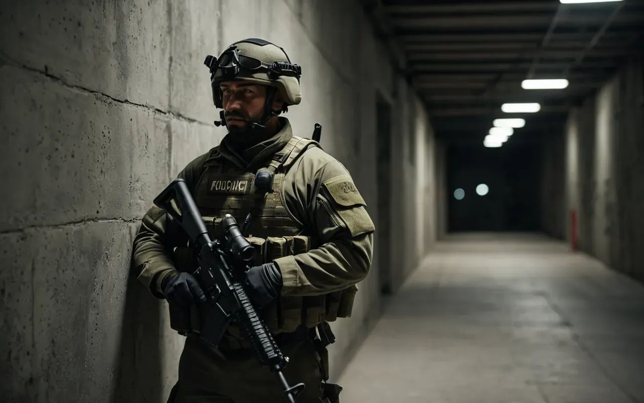 Side view of a tactical operator wearing matte olive drab uniform blending into a concrete wall in a dimly lit industrial corridor, cinematic lighting, shallow depth of field.