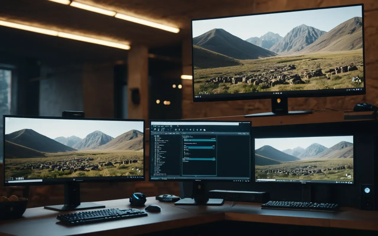 Split screen view showing two different gaming setups with monitors displaying abstract progress bars and clean desktop environments under soft ambient lighting