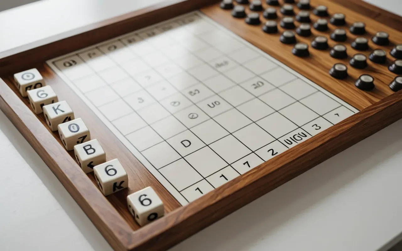 Top-down view of a minimalist white desk with a strategy board game piece made of wood, soft shadows, natural light from the left side creating contrast between objects and surface