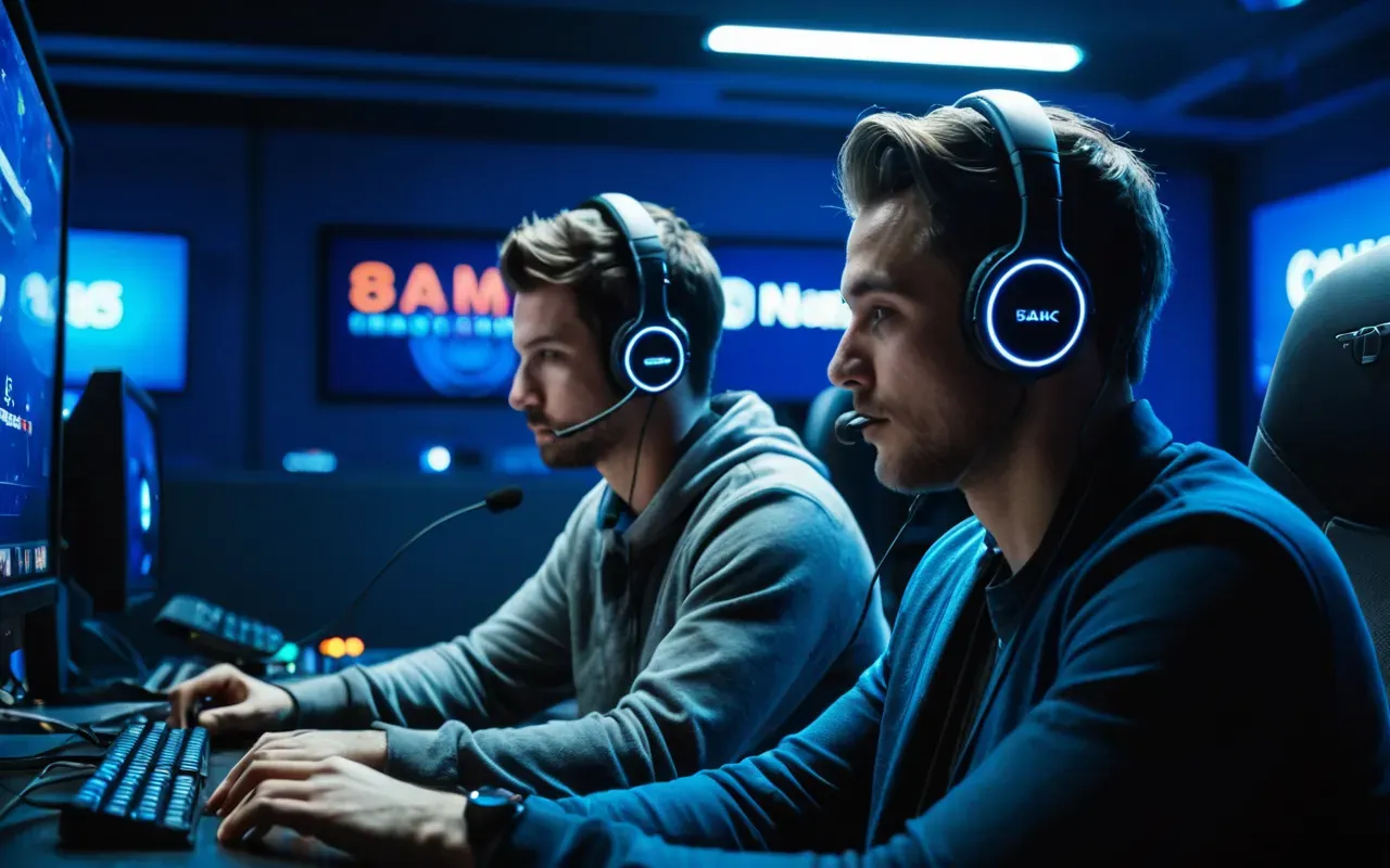 competitive team setup Two people sitting at a gaming station with headsets on focused intently forward in a dimly lit room with blue ambient lighting creating a serious competitive atmosphere without any visible screens or text elements present in the scene composition
