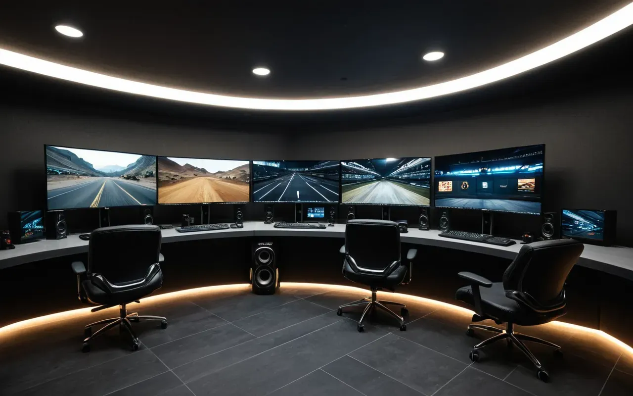 Wide angle view of a modern gaming room with three large monitors arranged in a curve displaying neutral dark interfaces under soft indirect lighting from floor lamps creating a calm focused atmosphere without any visible text or logos on screens
