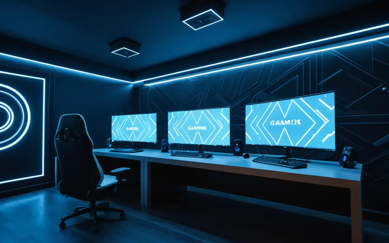 Wide shot of a modern minimalist gaming room with two large monitors displaying abstract geometric patterns, soft ambient blue lighting, clean desk setup