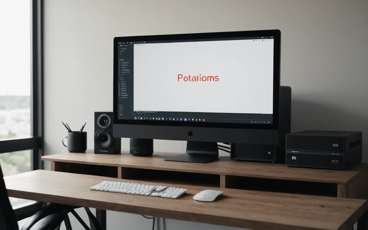 Wide shot of a modern minimalist workspace with a single large monitor displaying a soft gradient background and clean desk layout