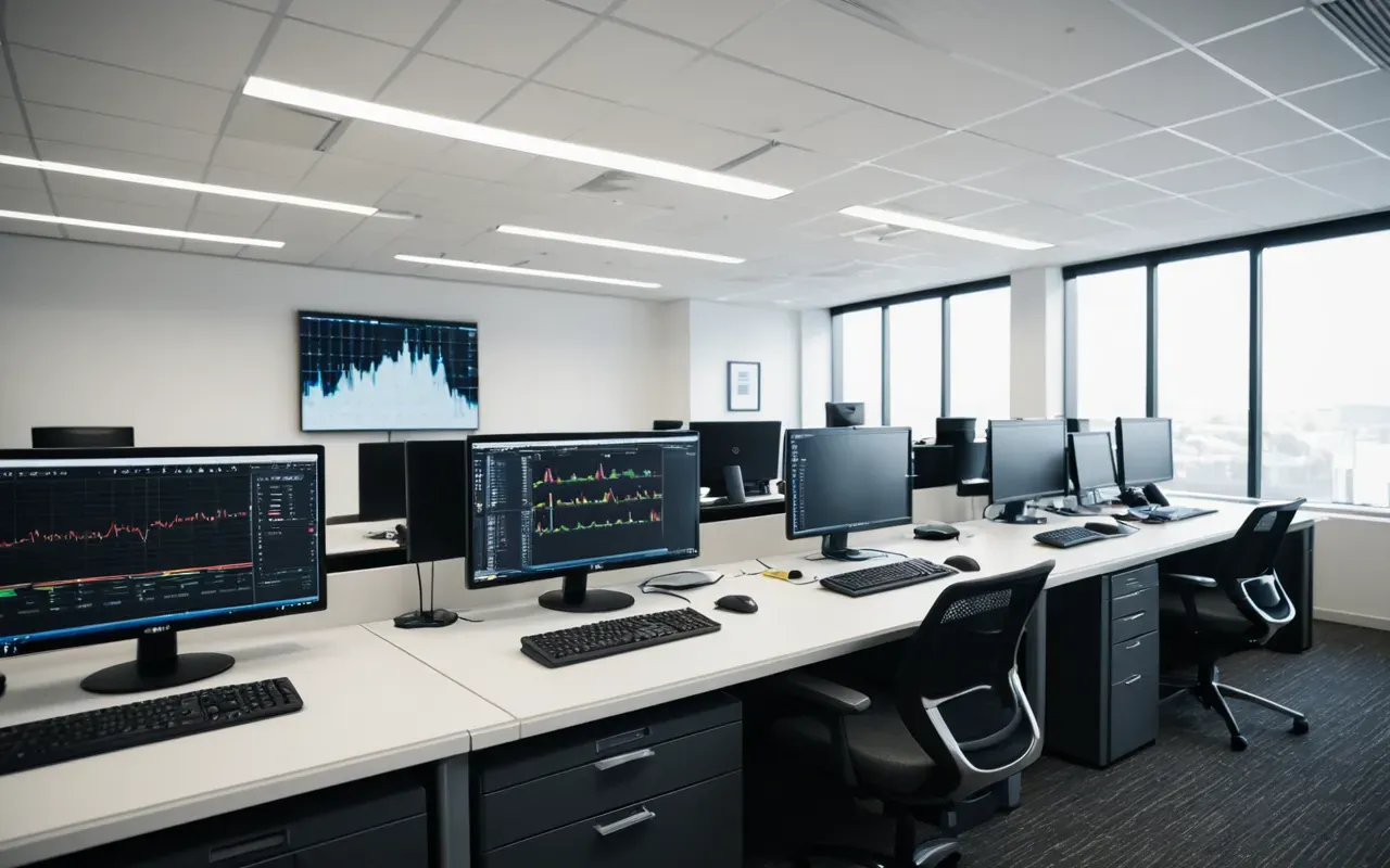 Wide shot of a modern office space with multiple workstations featuring ergonomic chairs and computer monitors displaying abstract graphs, bright even lighting